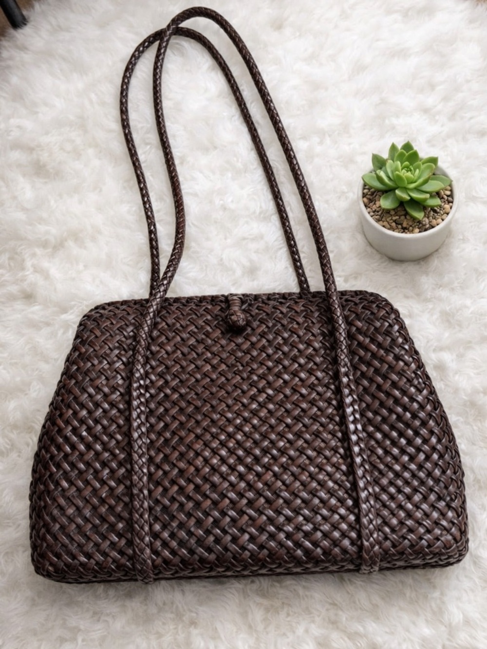 MONSAC Italian Luxury Woven Leather Top-Handle Shoulder Tote Bag Brown Y2K 11x8
